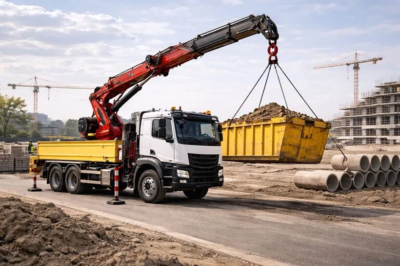Grue auxiliaire en action : caisson repris en charge sur chantier