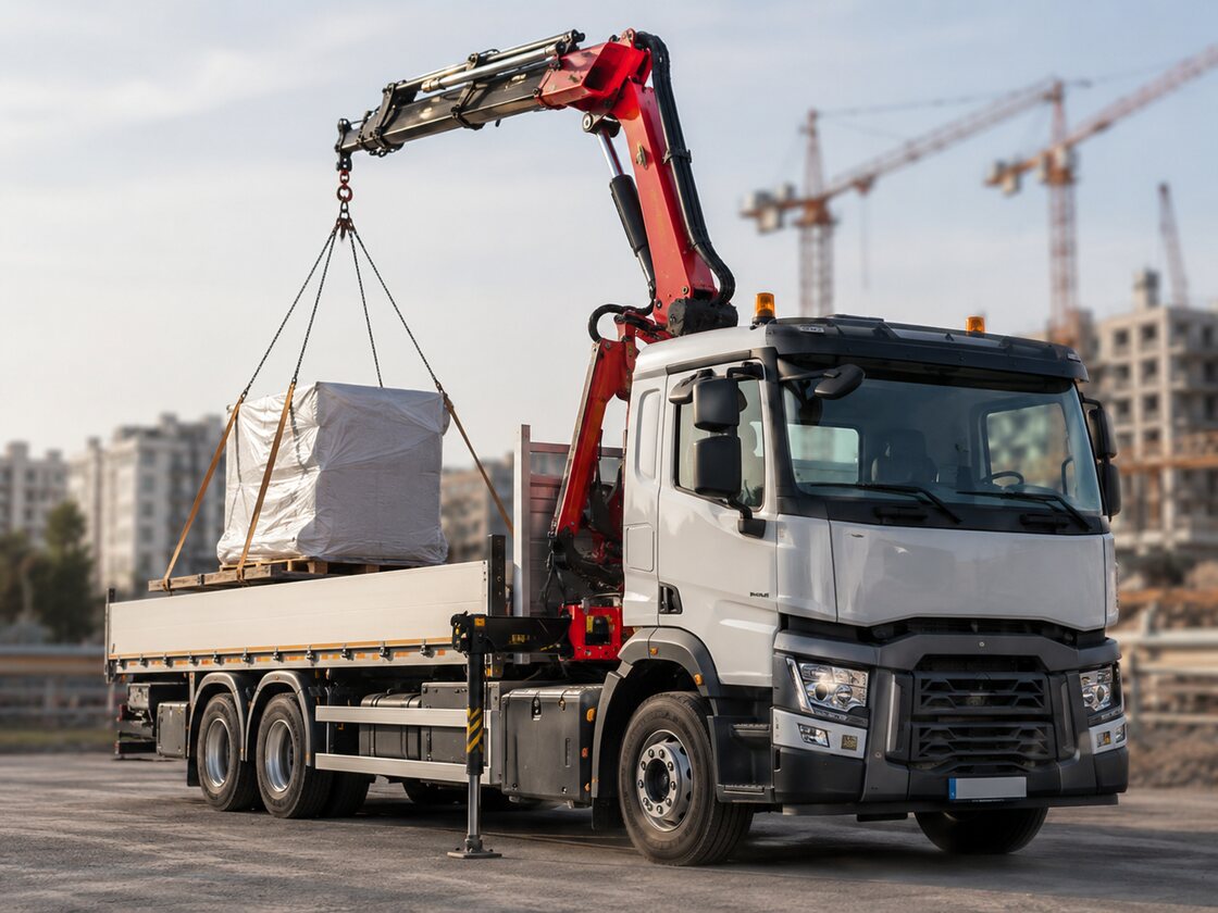 Camion plateau grue effectuant un levage, La Centrale TP