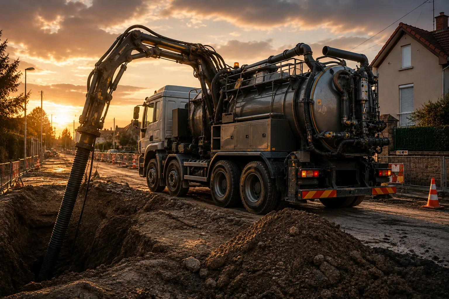 Aspiratrice excavatrice avec flexible d'aspiration sur chantier de terrassement