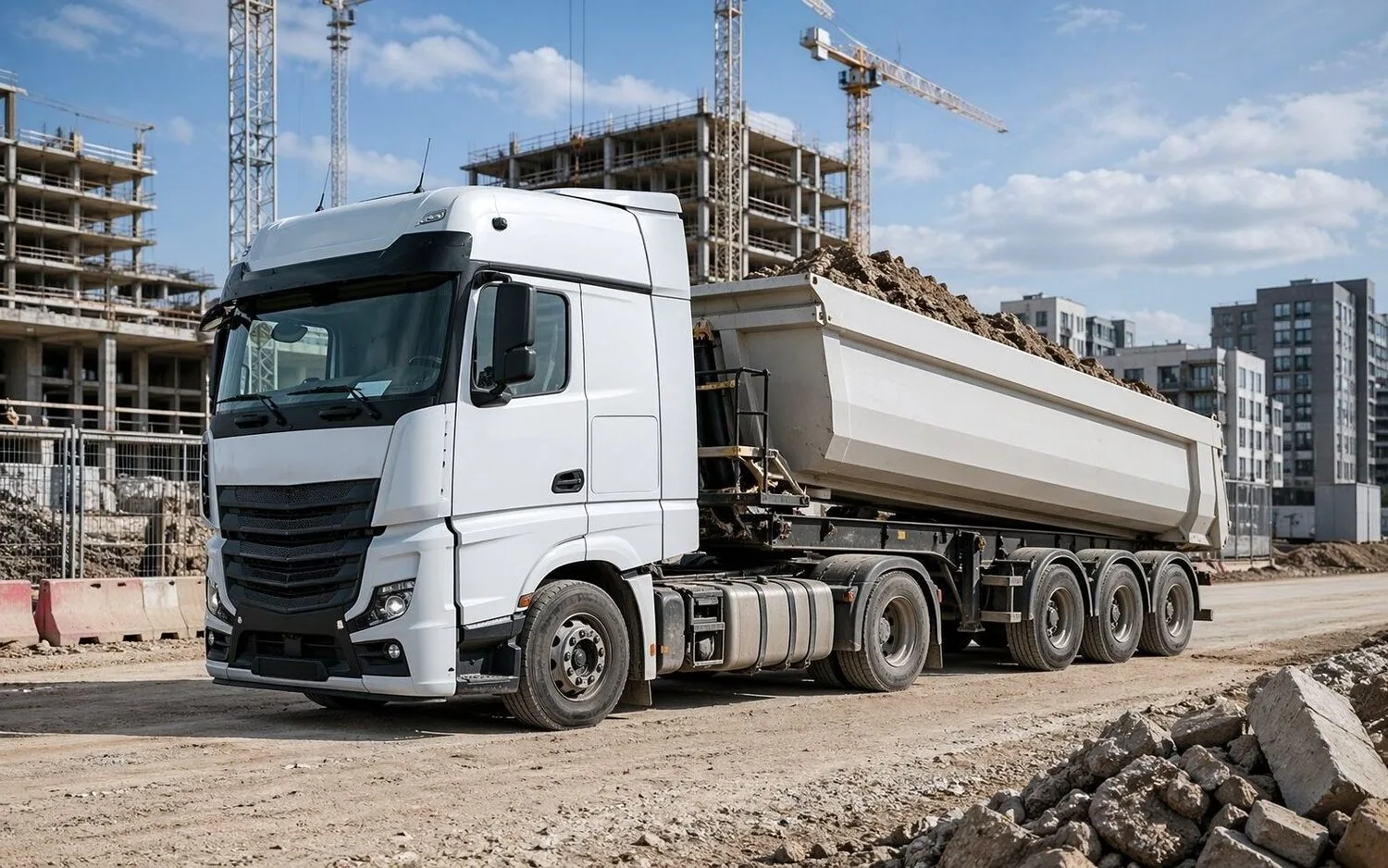 Semi TP benne en rotation chantier Île-de-France