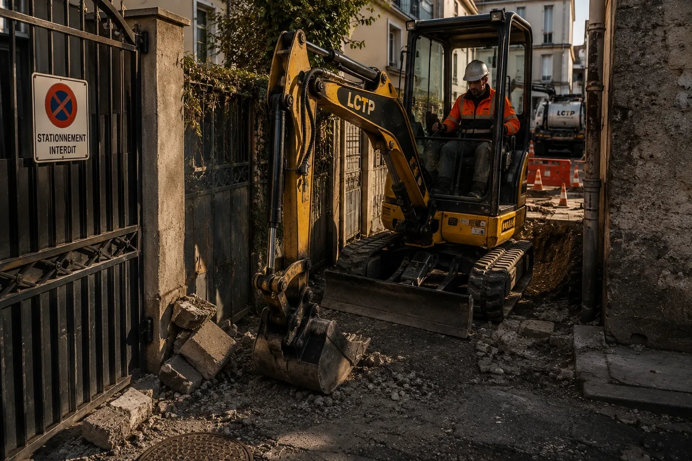 Mini-pelle travaillant dans un accès urbain étroit